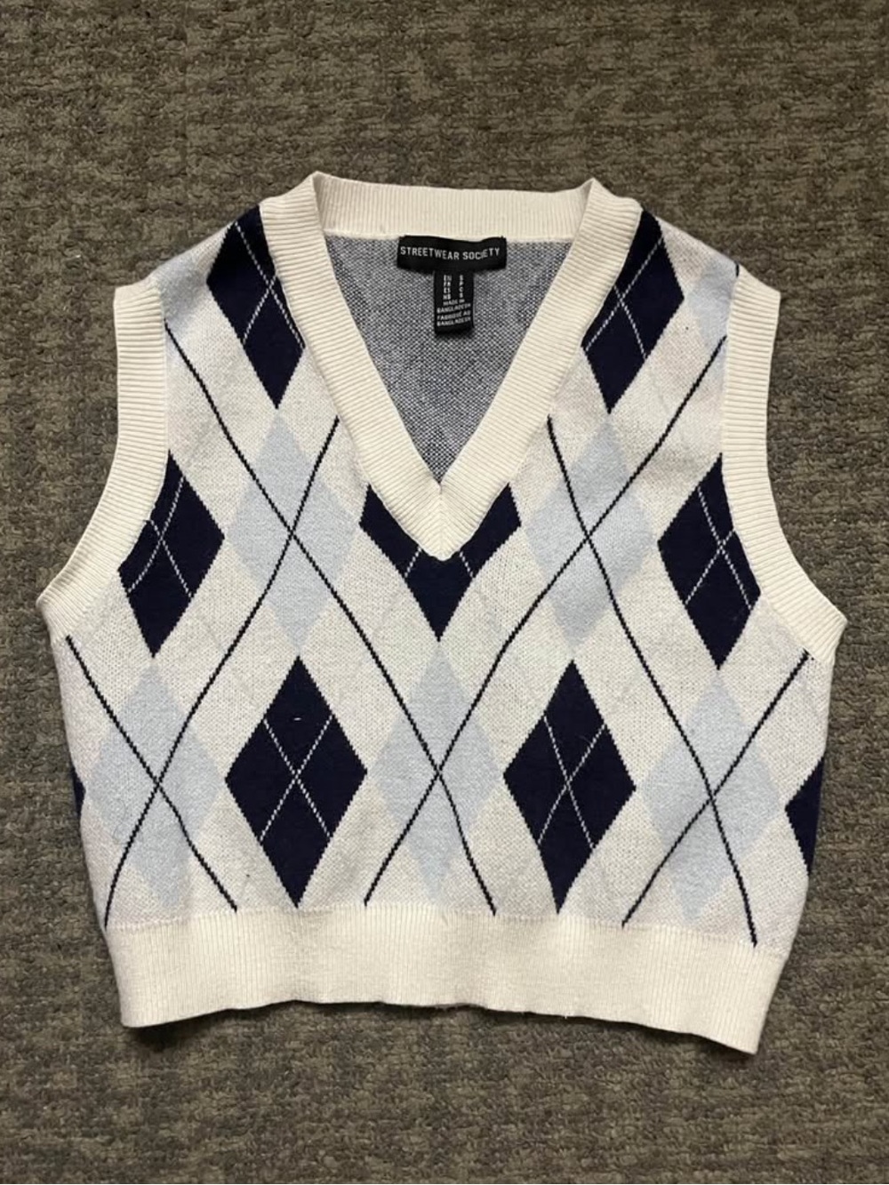 White & Navy Argyle V-Neck Sweater Vest